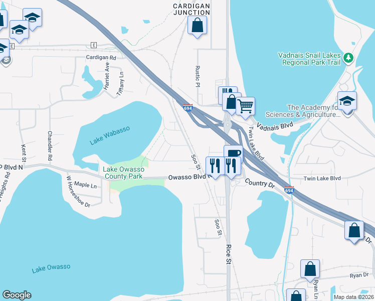 map of restaurants, bars, coffee shops, grocery stores, and more near 222 Grand Avenue in Shoreview