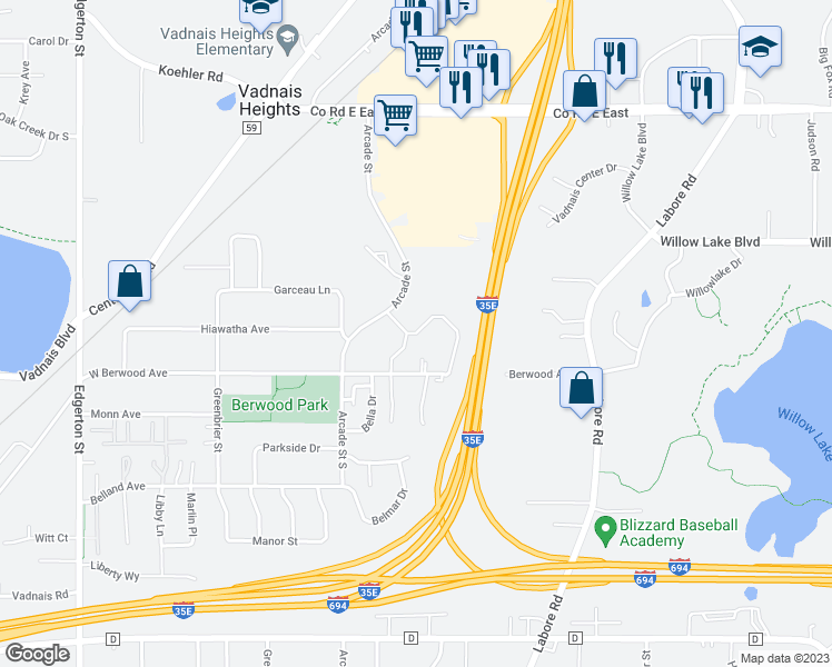 map of restaurants, bars, coffee shops, grocery stores, and more near Vadnais Drive in Vadnais Heights