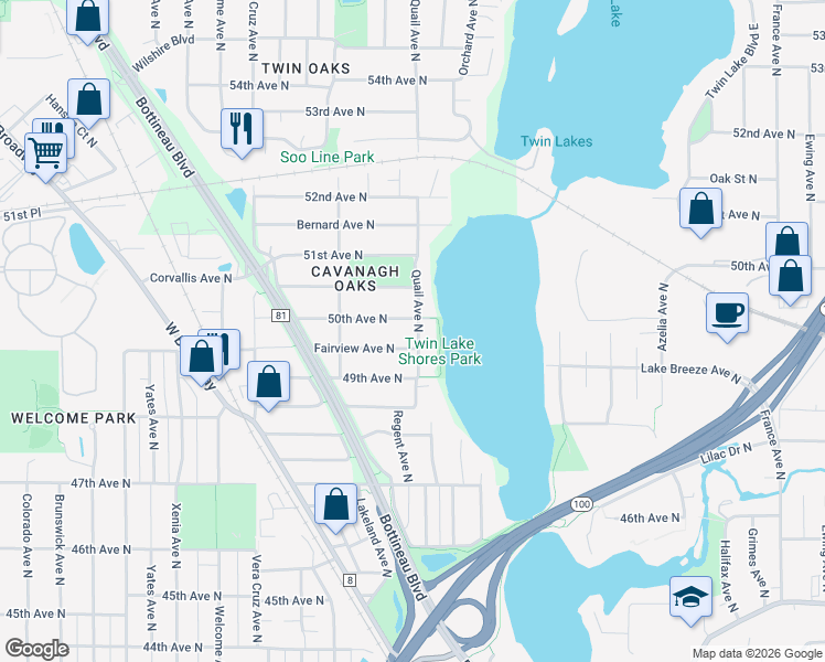 map of restaurants, bars, coffee shops, grocery stores, and more near 4924 Quail Avenue North in Minneapolis