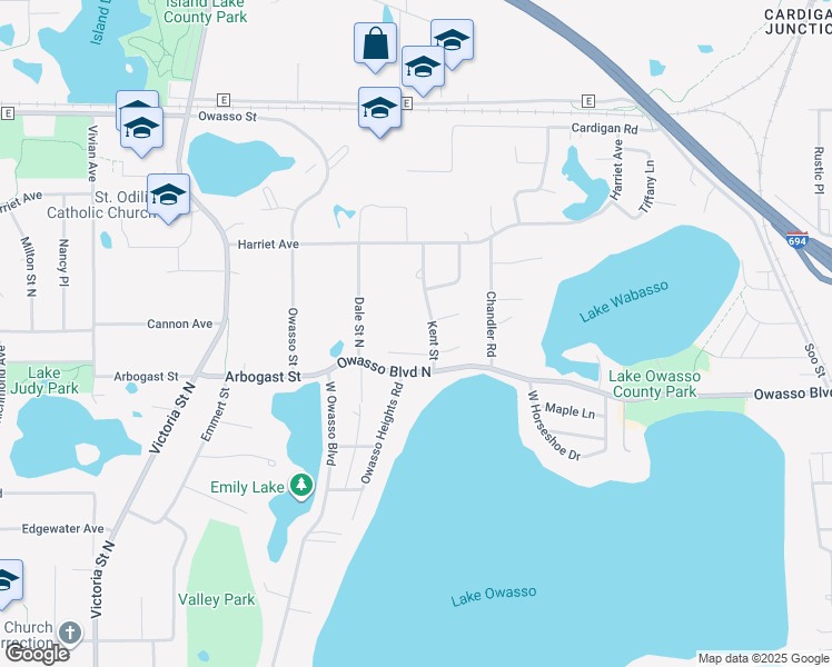 map of restaurants, bars, coffee shops, grocery stores, and more near 3399 Kent Street in Shoreview