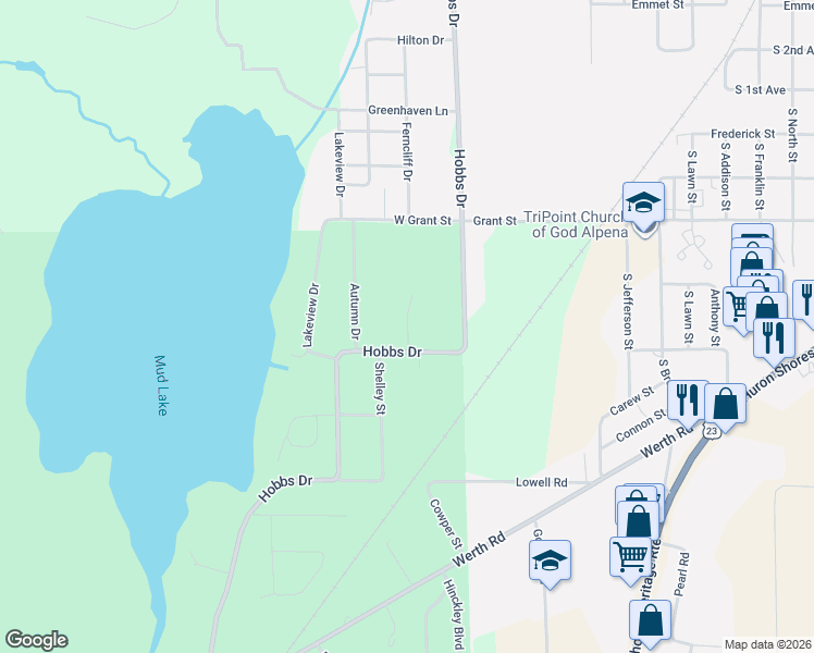 map of restaurants, bars, coffee shops, grocery stores, and more near Sommerset Drive in Alpena