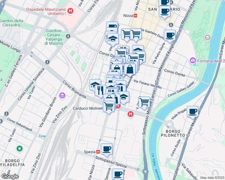 map of restaurants, bars, coffee shops, grocery stores, and more near 9 Via Antonio Canova in Torino