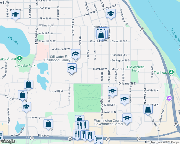 map of restaurants, bars, coffee shops, grocery stores, and more near 1211 6th Street South in Stillwater