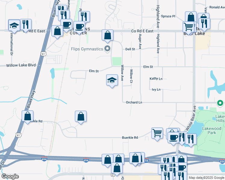 map of restaurants, bars, coffee shops, grocery stores, and more near 3375 Willow Ave in White Bear Lake