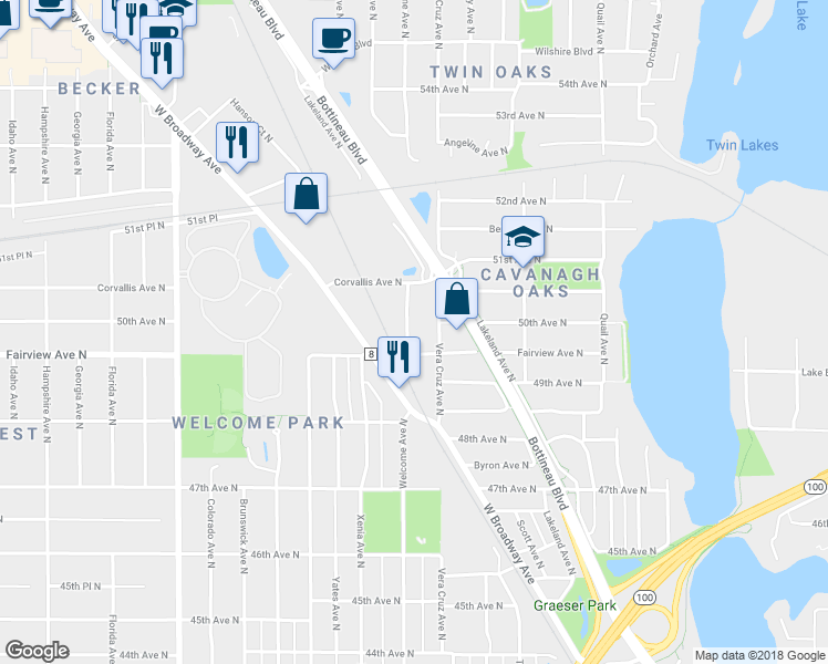 map of restaurants, bars, coffee shops, grocery stores, and more near 4950 Welcome Avenue North in Minneapolis