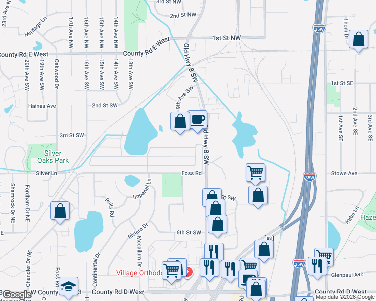 map of restaurants, bars, coffee shops, grocery stores, and more near 877 3rd St SW in New Brighton