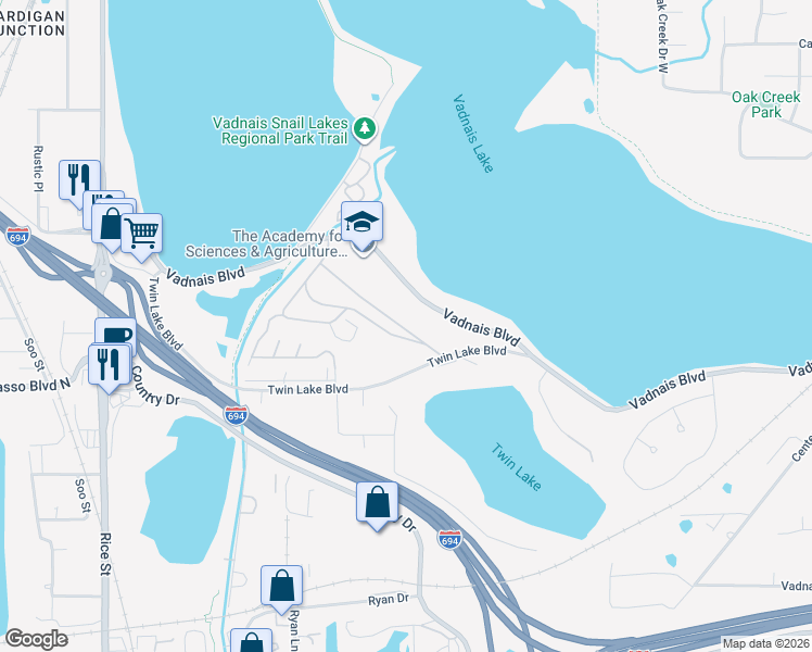 map of restaurants, bars, coffee shops, grocery stores, and more near 100 Vadnais Boulevard in Vadnais Heights