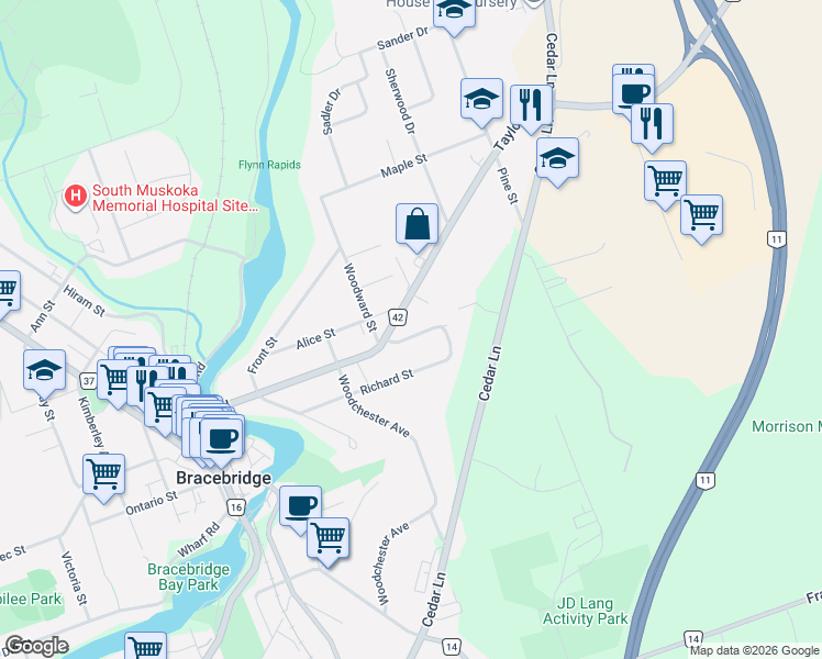 map of restaurants, bars, coffee shops, grocery stores, and more near 190 Muskoka District Road 42 in Bracebridge