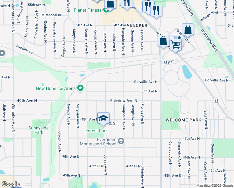 map of restaurants, bars, coffee shops, grocery stores, and more near 6716 50th Avenue North in Minneapolis