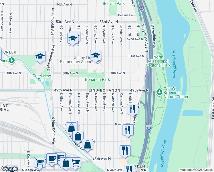map of restaurants, bars, coffee shops, grocery stores, and more near 4924 North Bryant Avenue in Minneapolis