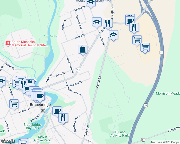 map of restaurants, bars, coffee shops, grocery stores, and more near 206 Vel Dor Crescent in Bracebridge