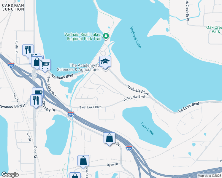 map of restaurants, bars, coffee shops, grocery stores, and more near 100 Vadnais Boulevard in Vadnais Heights