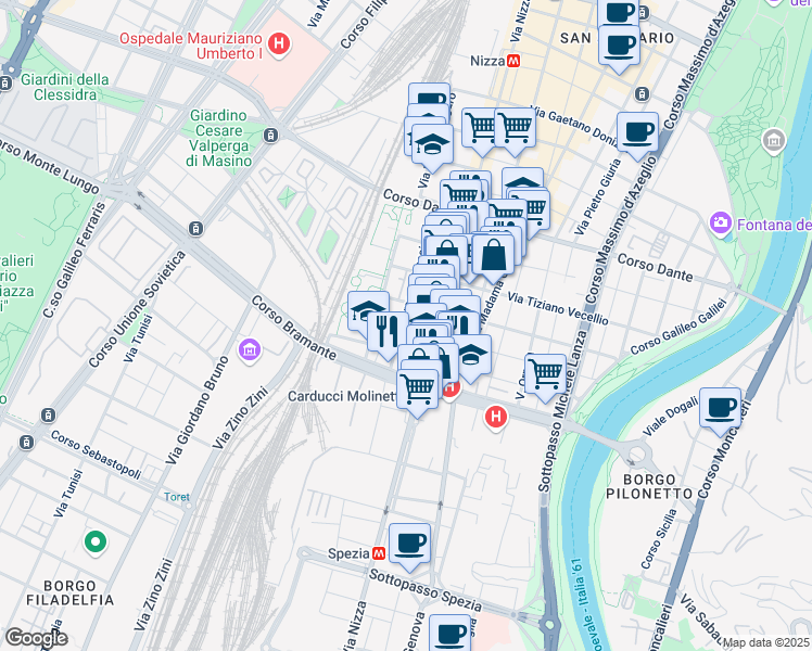 map of restaurants, bars, coffee shops, grocery stores, and more near 9 Via Antonio Canova in Turin