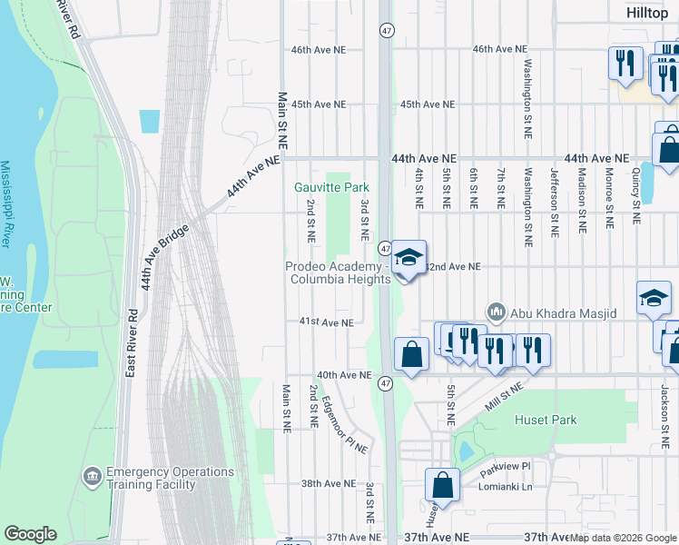 map of restaurants, bars, coffee shops, grocery stores, and more near 233 42nd Avenue Northeast in Columbia Heights