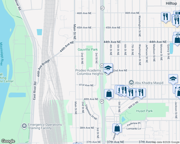 map of restaurants, bars, coffee shops, grocery stores, and more near 233 42nd Avenue Northeast in Columbia Heights
