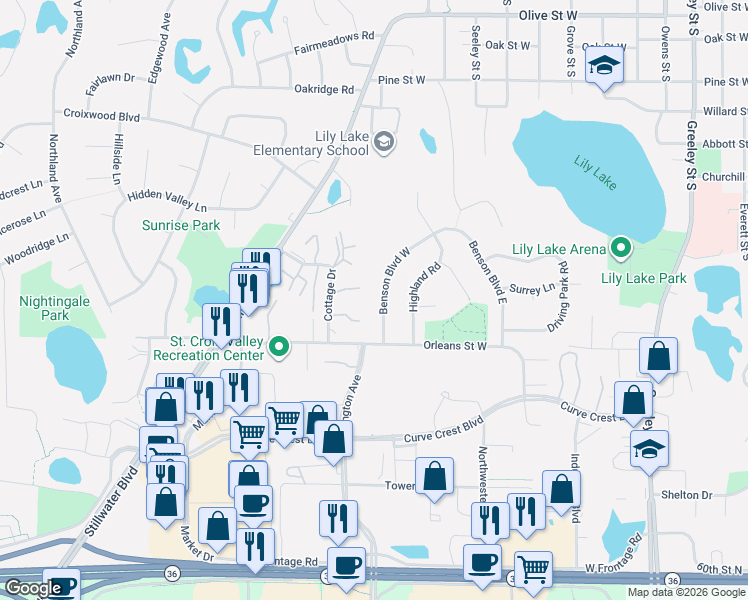 map of restaurants, bars, coffee shops, grocery stores, and more near 1347 Cottage Drive in Stillwater
