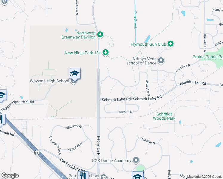 map of restaurants, bars, coffee shops, grocery stores, and more near 5020 Merrimac Court North in Plymouth