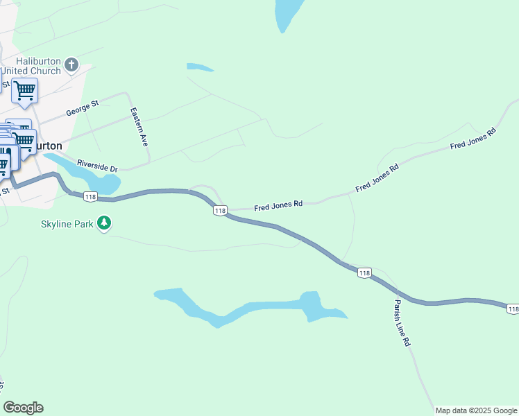 map of restaurants, bars, coffee shops, grocery stores, and more near Fred Jones Road in Haliburton