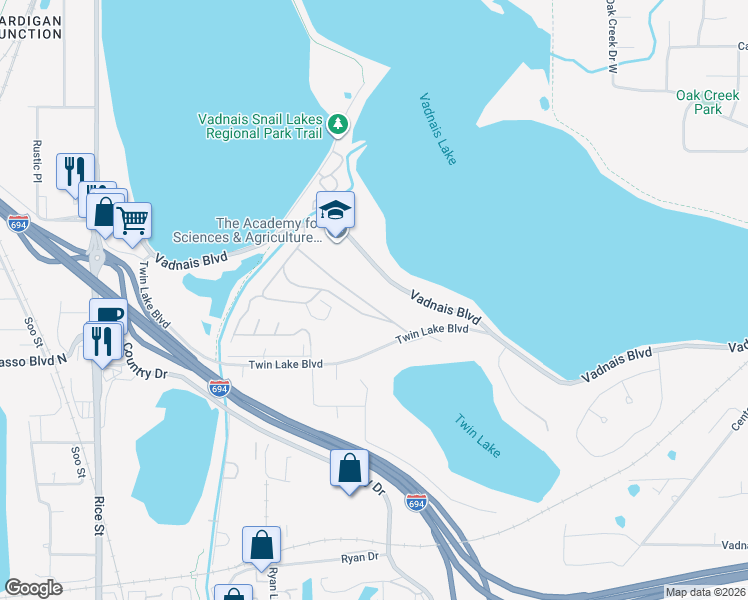 map of restaurants, bars, coffee shops, grocery stores, and more near 100 Vadnais Boulevard in Vadnais Heights