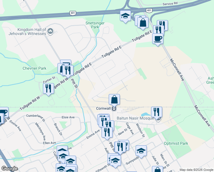 map of restaurants, bars, coffee shops, grocery stores, and more near 95 Sunset Boulevard in Cornwall