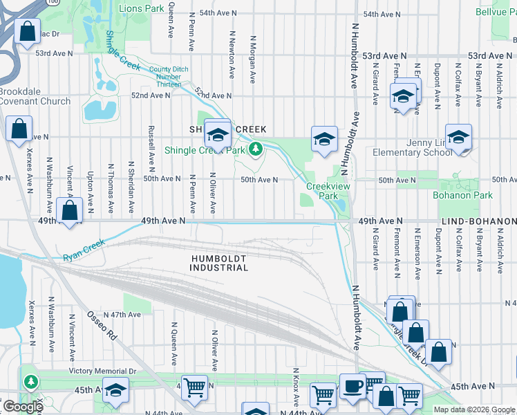 map of restaurants, bars, coffee shops, grocery stores, and more near 4935 North Logan Avenue in Minneapolis