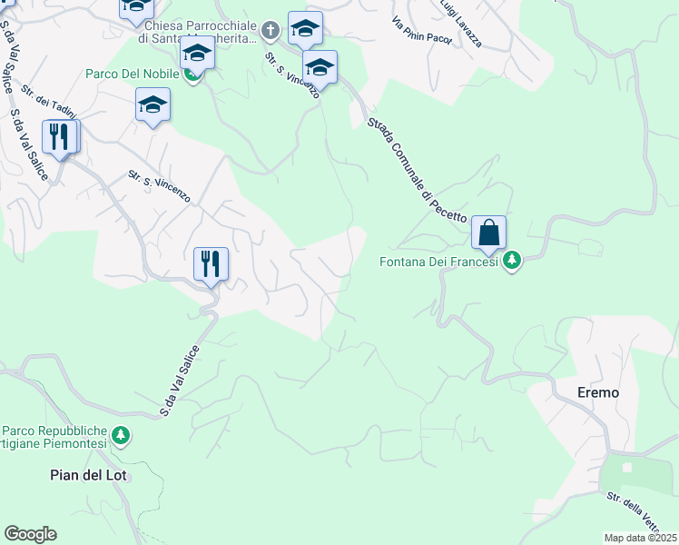 map of restaurants, bars, coffee shops, grocery stores, and more near 64-92 Strada del Mainero in Turin