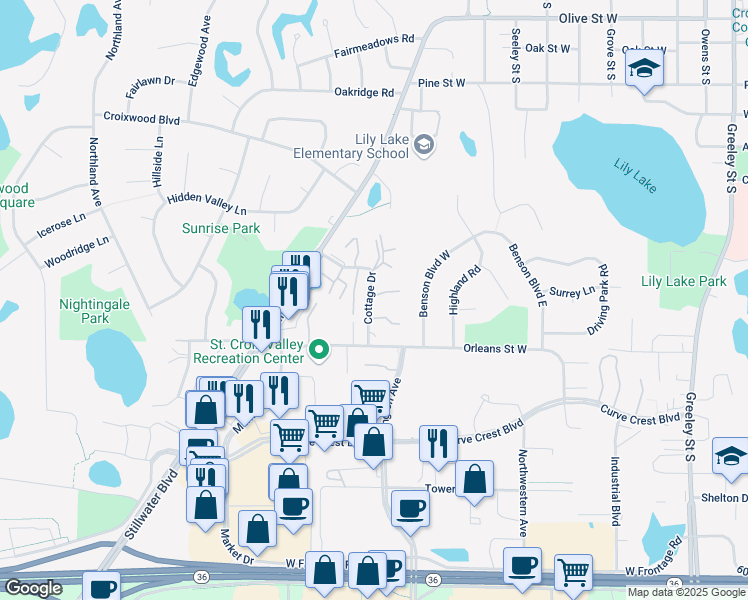 map of restaurants, bars, coffee shops, grocery stores, and more near 1401 Cottage Drive in Stillwater