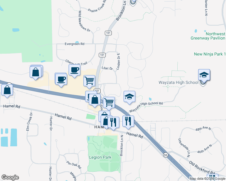 map of restaurants, bars, coffee shops, grocery stores, and more near 100 Clydesdale Trail in Medina