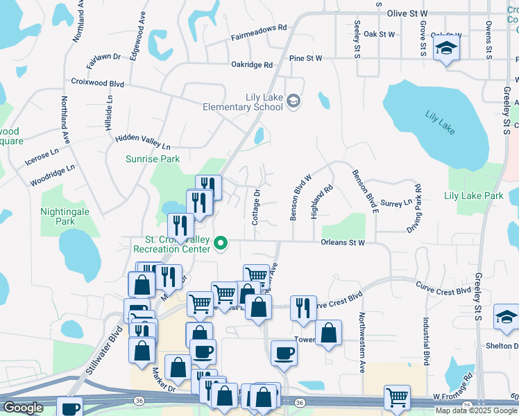 map of restaurants, bars, coffee shops, grocery stores, and more near 1401 Cottage Drive in Stillwater