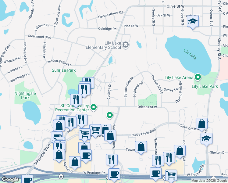 map of restaurants, bars, coffee shops, grocery stores, and more near 1401 Cottage Drive in Stillwater
