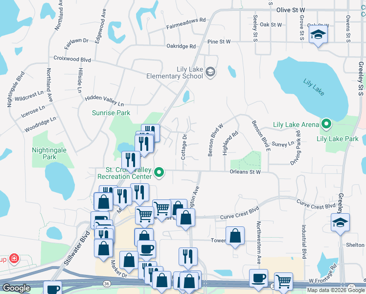 map of restaurants, bars, coffee shops, grocery stores, and more near Cottage Drive in Stillwater