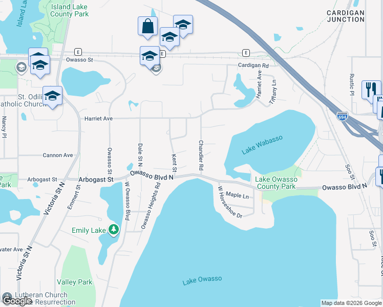 map of restaurants, bars, coffee shops, grocery stores, and more near 529 Lake Summit Court in Shoreview