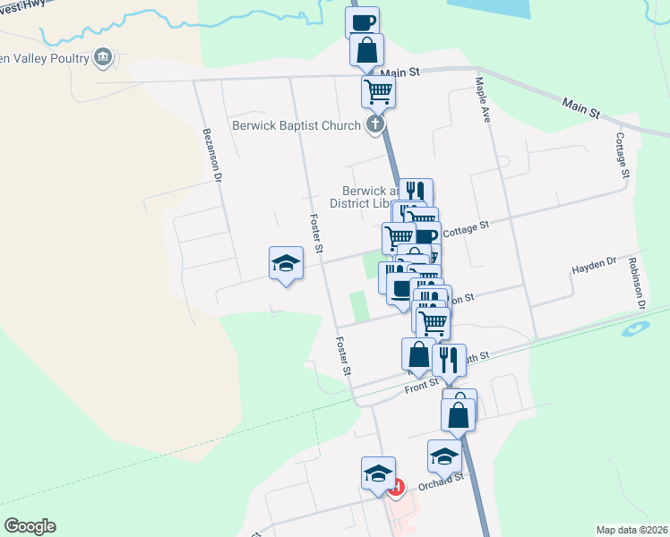 map of restaurants, bars, coffee shops, grocery stores, and more near 216 Cottage Street in Berwick