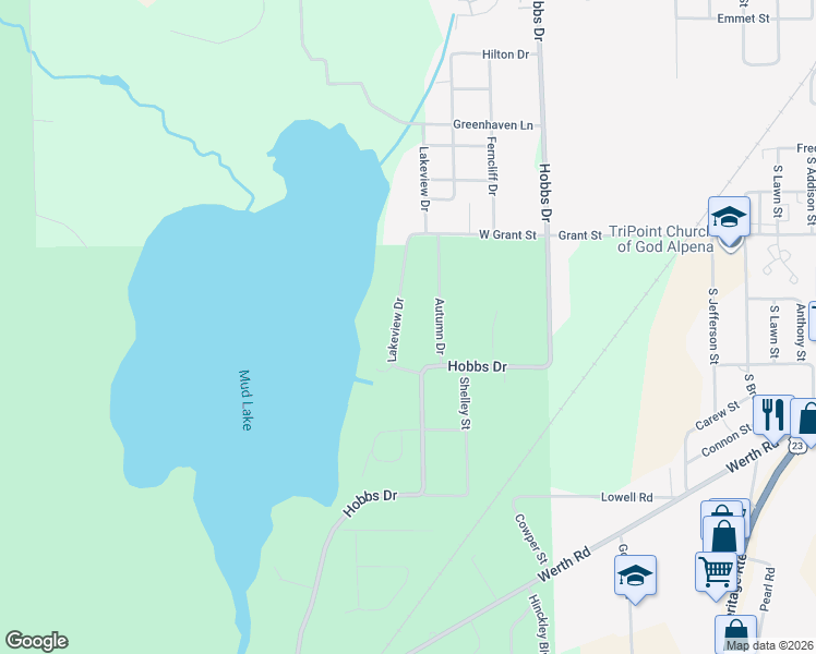 map of restaurants, bars, coffee shops, grocery stores, and more near 1601-1799 Lakeview Drive in Alpena