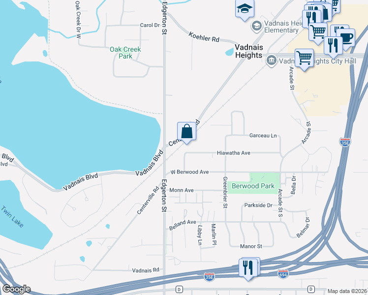 map of restaurants, bars, coffee shops, grocery stores, and more near 3433 County Highway 59 in Vadnais Heights