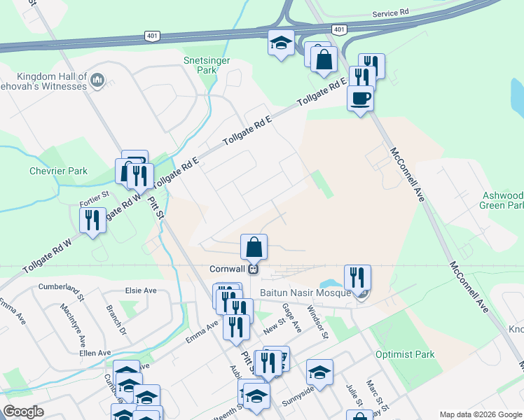 map of restaurants, bars, coffee shops, grocery stores, and more near 95 Sunset Boulevard in Cornwall