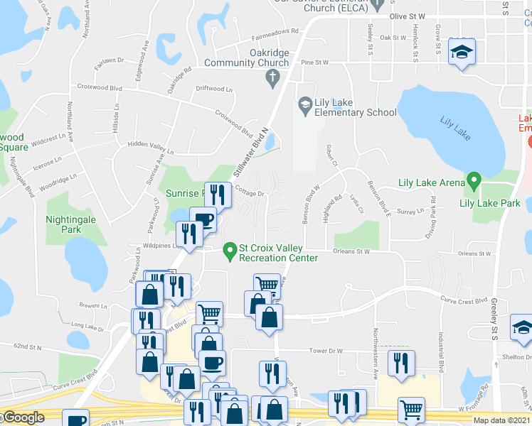 map of restaurants, bars, coffee shops, grocery stores, and more near 2234 Cottage Drive in Stillwater
