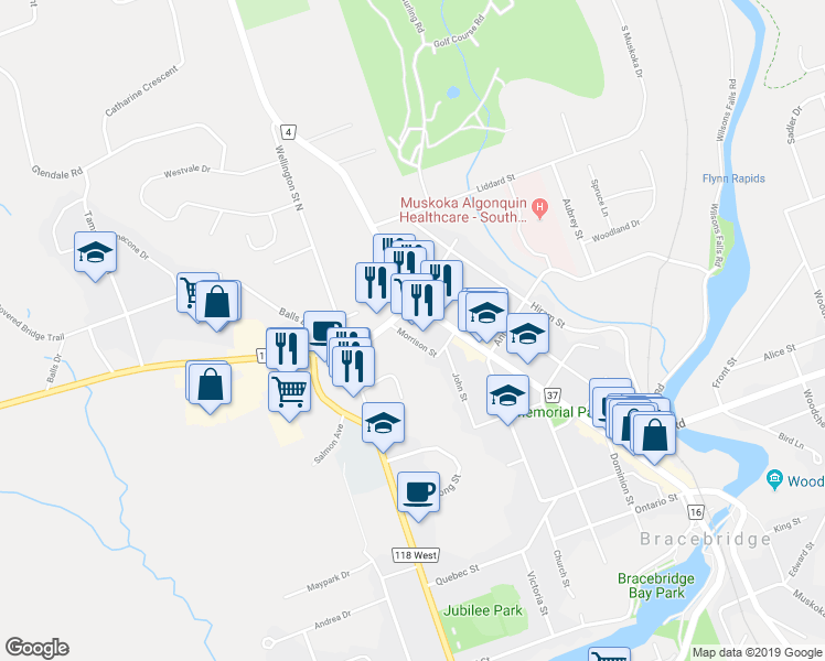 map of restaurants, bars, coffee shops, grocery stores, and more near 248 Manitoba Street in Bracebridge