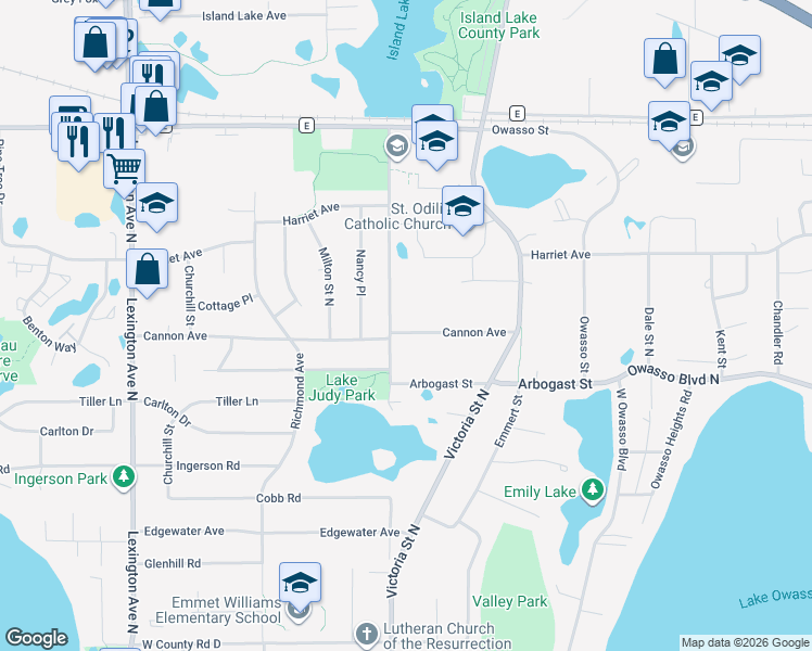 map of restaurants, bars, coffee shops, grocery stores, and more near 855 Cannon Avenue in Shoreview