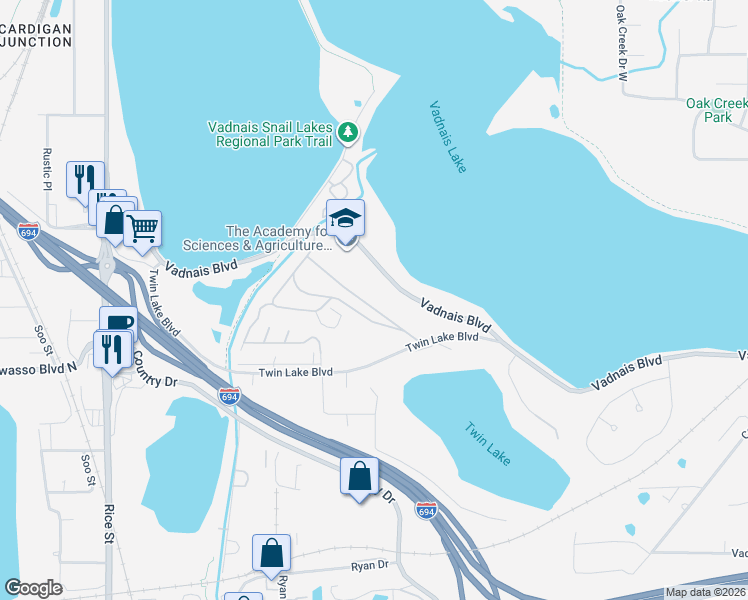 map of restaurants, bars, coffee shops, grocery stores, and more near 100 Vadnais Boulevard in Vadnais Heights