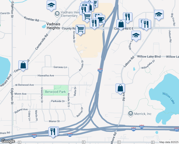 map of restaurants, bars, coffee shops, grocery stores, and more near 920 Vadnais Drive in Vadnais Heights