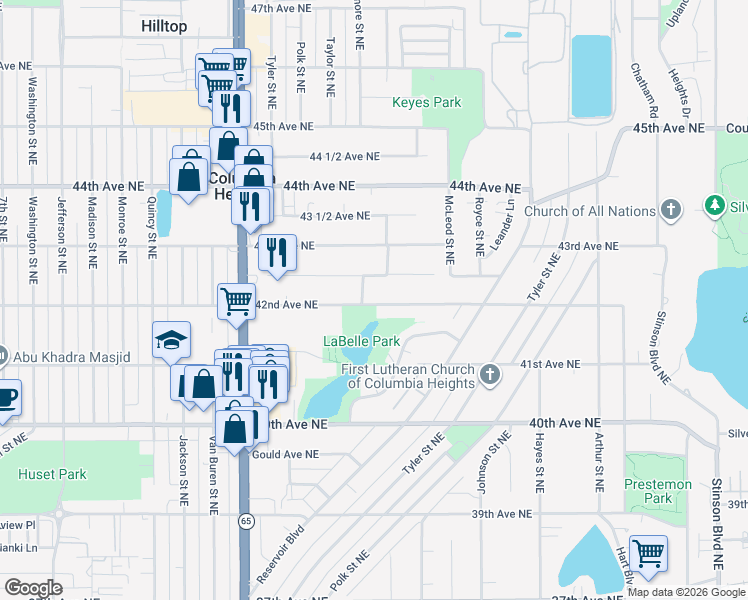 map of restaurants, bars, coffee shops, grocery stores, and more near 1221 42nd Avenue Northeast in Columbia Heights