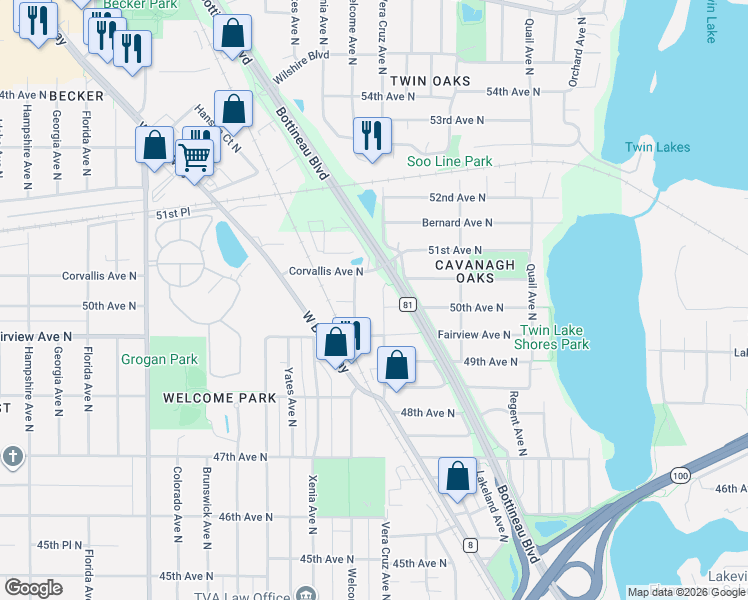 map of restaurants, bars, coffee shops, grocery stores, and more near 5020 Welcome Avenue North in Minneapolis