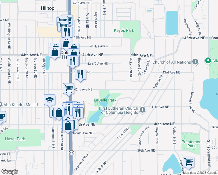 map of restaurants, bars, coffee shops, grocery stores, and more near 1221 42nd Avenue Northeast in Columbia Heights