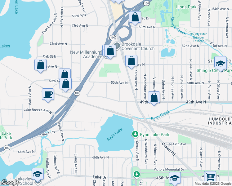 map of restaurants, bars, coffee shops, grocery stores, and more near 4929 Zenith Avenue North in Minneapolis