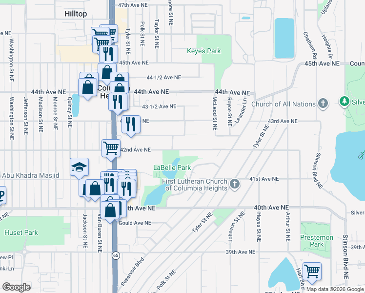 map of restaurants, bars, coffee shops, grocery stores, and more near 1221 42nd Avenue Northeast in Columbia Heights