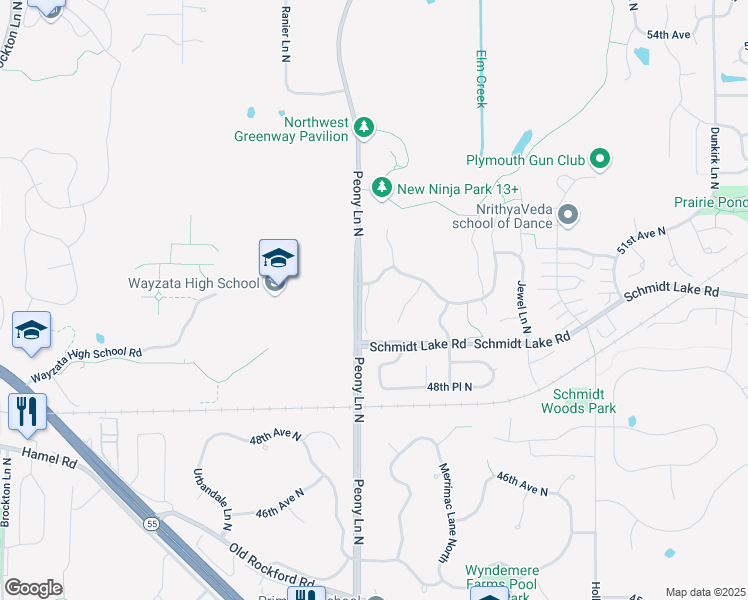 map of restaurants, bars, coffee shops, grocery stores, and more near 5070 Olive Lane North in Minneapolis