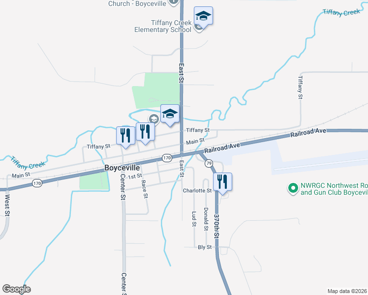 map of restaurants, bars, coffee shops, grocery stores, and more near 1102 Main Street in Boyceville