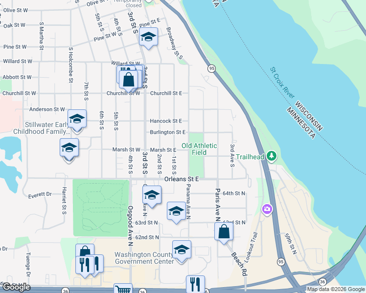 map of restaurants, bars, coffee shops, grocery stores, and more near 1217 1st Street South in Stillwater