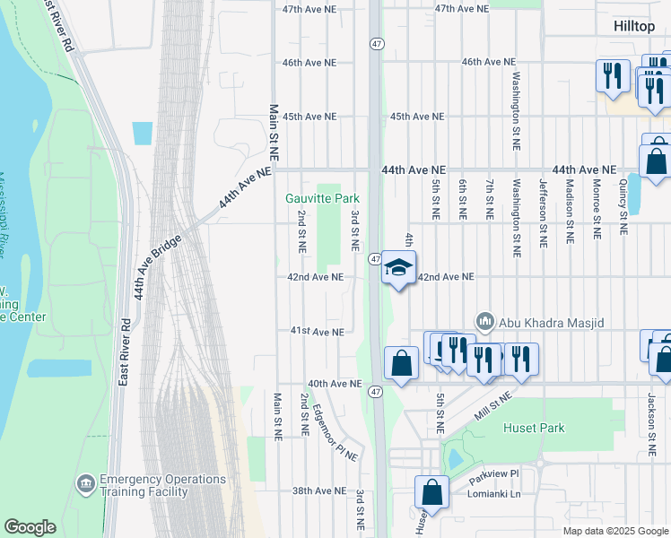 map of restaurants, bars, coffee shops, grocery stores, and more near 233 42nd Avenue Northeast in Columbia Heights